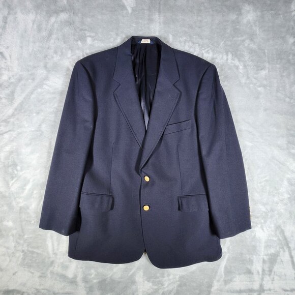 Brooks Stretch Wool Blazer 42S Navy Blue Gold Button Formal Business Office - Picture 1 of 13